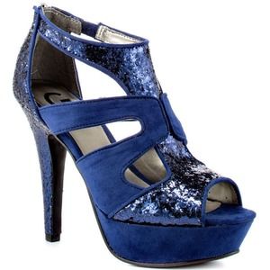 G by Guess NEOLA 2 Open Toe Platform Sandal Pump Heel Blue Glitter 9.5 New